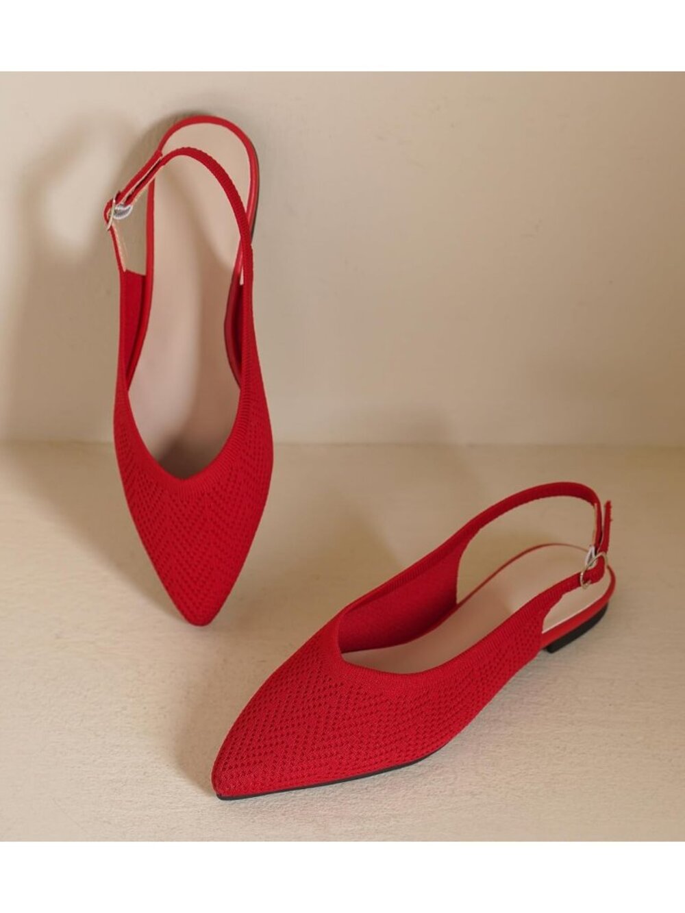 Women's Red Knit Ballet Flats Pointed Toe Buckle Strap Slip On Party Dress Shoes - Picture 3 of 6